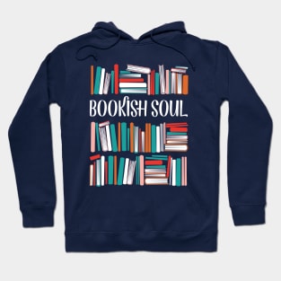 Bookish soul // oxford navy blue bookshelf background orange neon red white and flesh coral books Hoodie